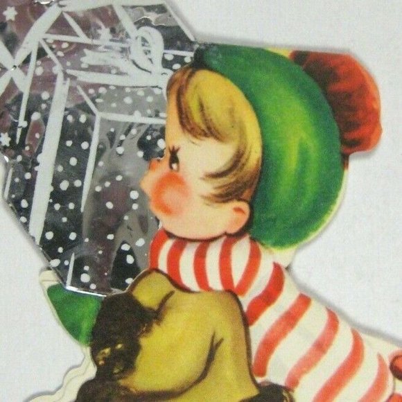 Christmas Card 1950 Used Greeting MOD Boy Walking Carrying Gifts Foil - Picture 3 of 6